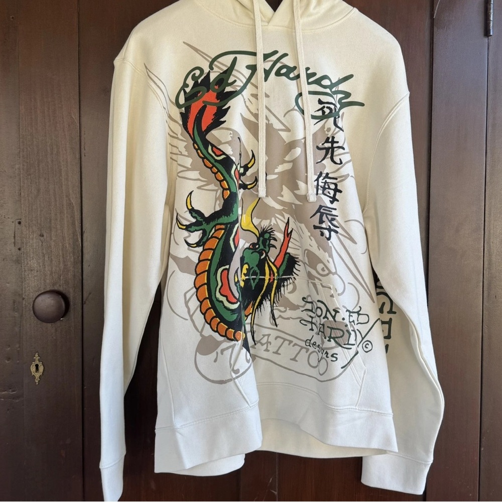 NWT Ed Hardy Ivory Dragon Tattoo Hoodie - Front Pocket - Don Ed Hardy Designs